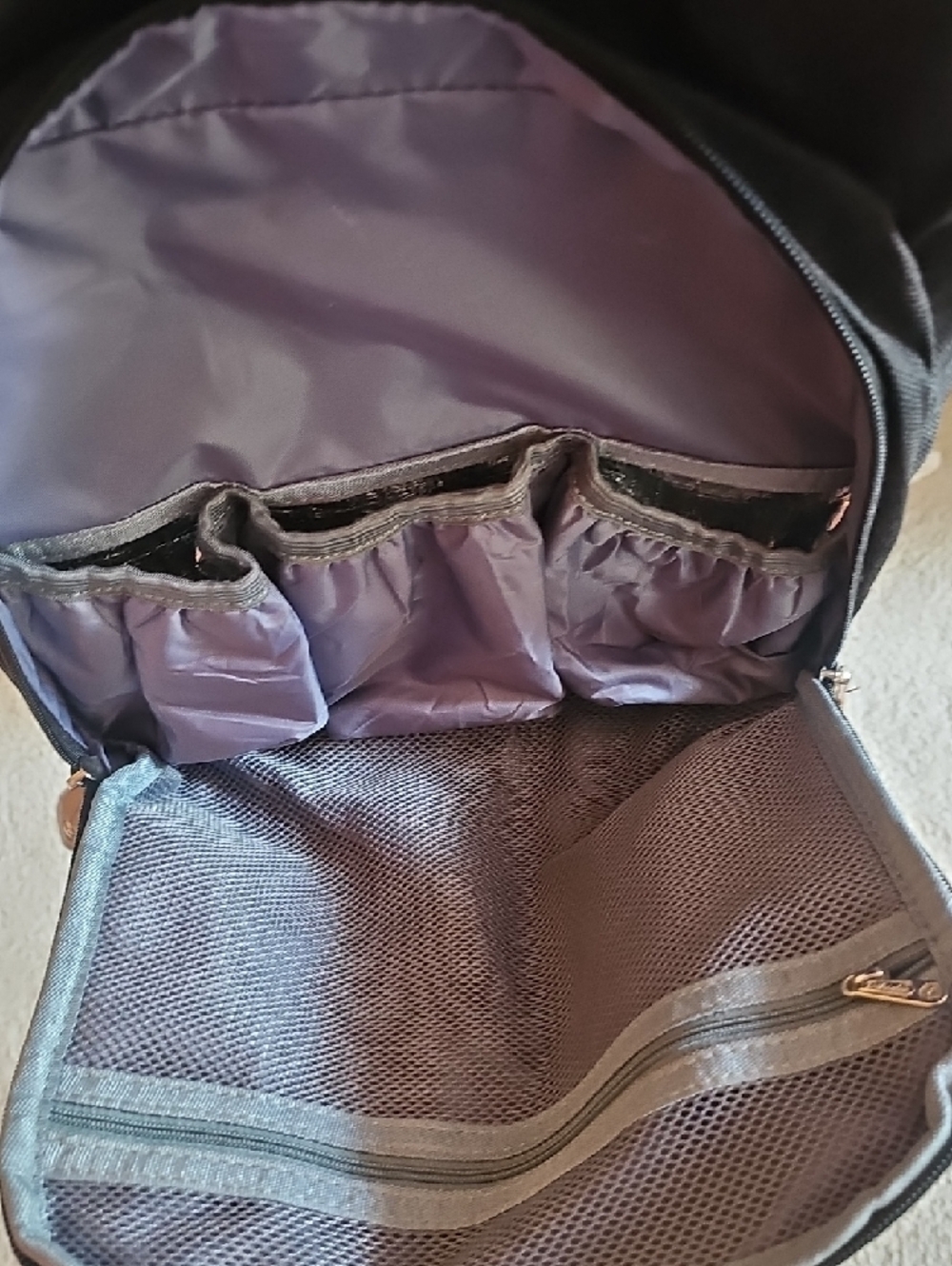 Backpack Baby Bag Black Quilted Travel Backpack with Tan Accents - Picture 8 of 13